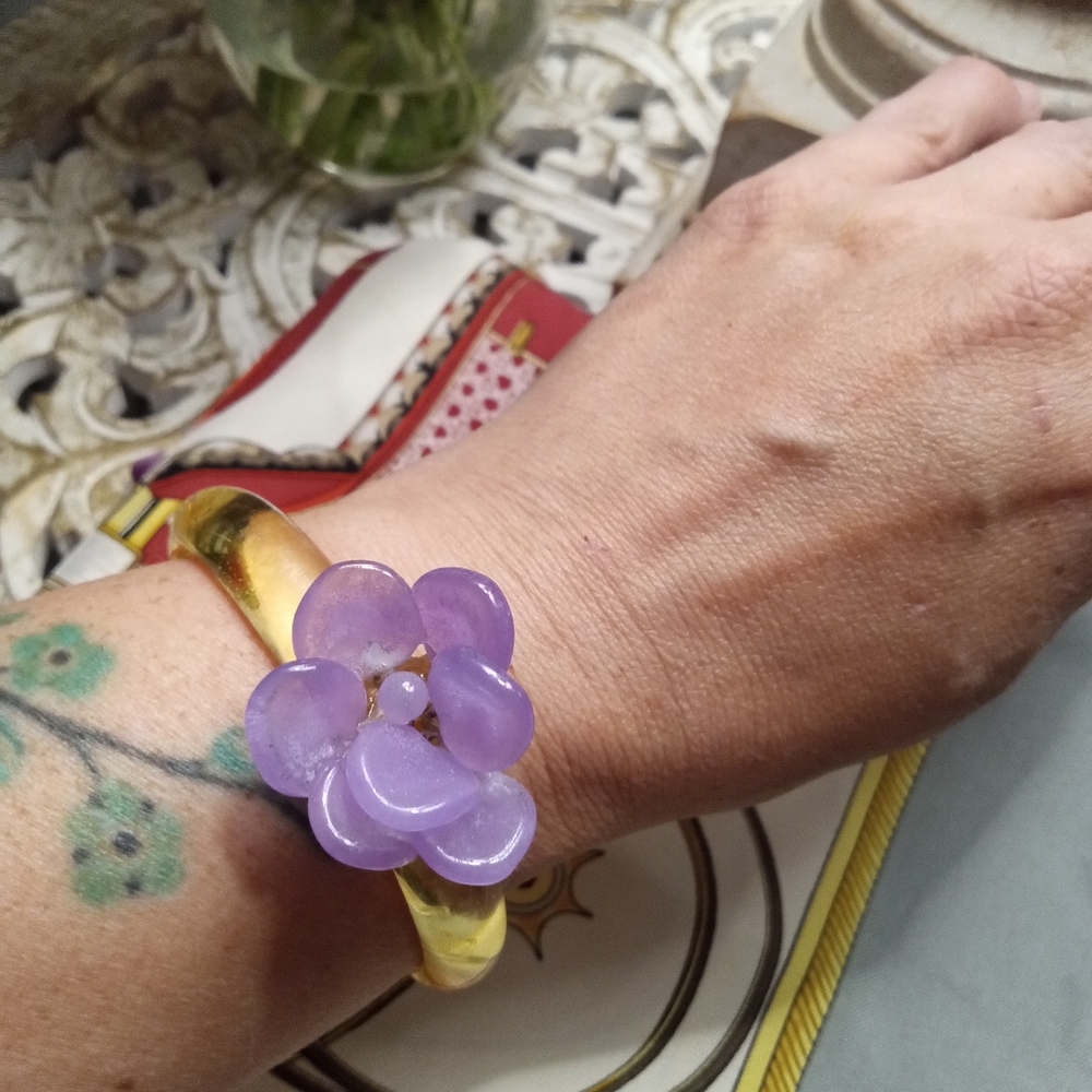 Chanel Resin Cuff Bracelet w/ Purple Camellia Flower - 100% Authentic